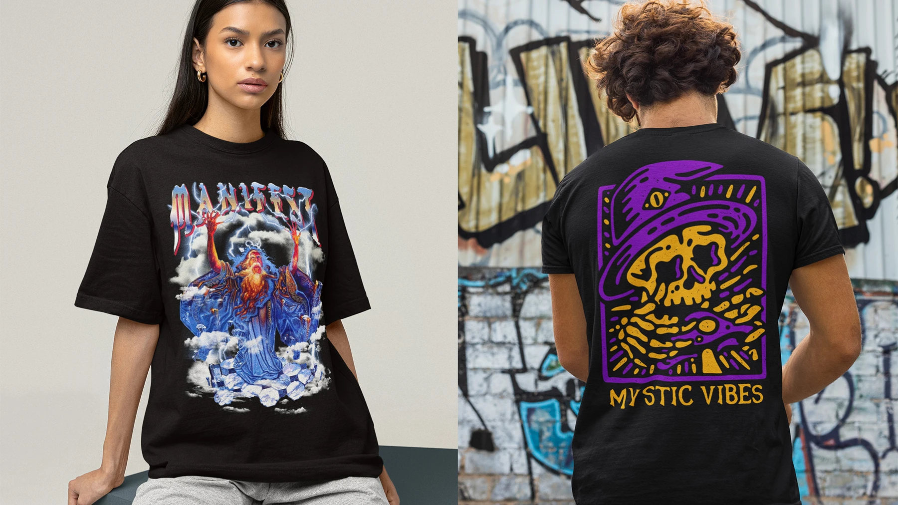 Two apparel mockups with colorful illustrated shirt graphics
