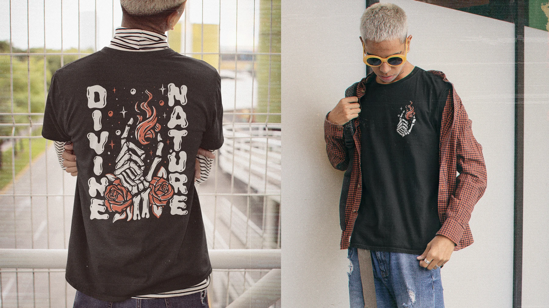 Two dark shirt mockups showing lettering and illustrated apparel graphics