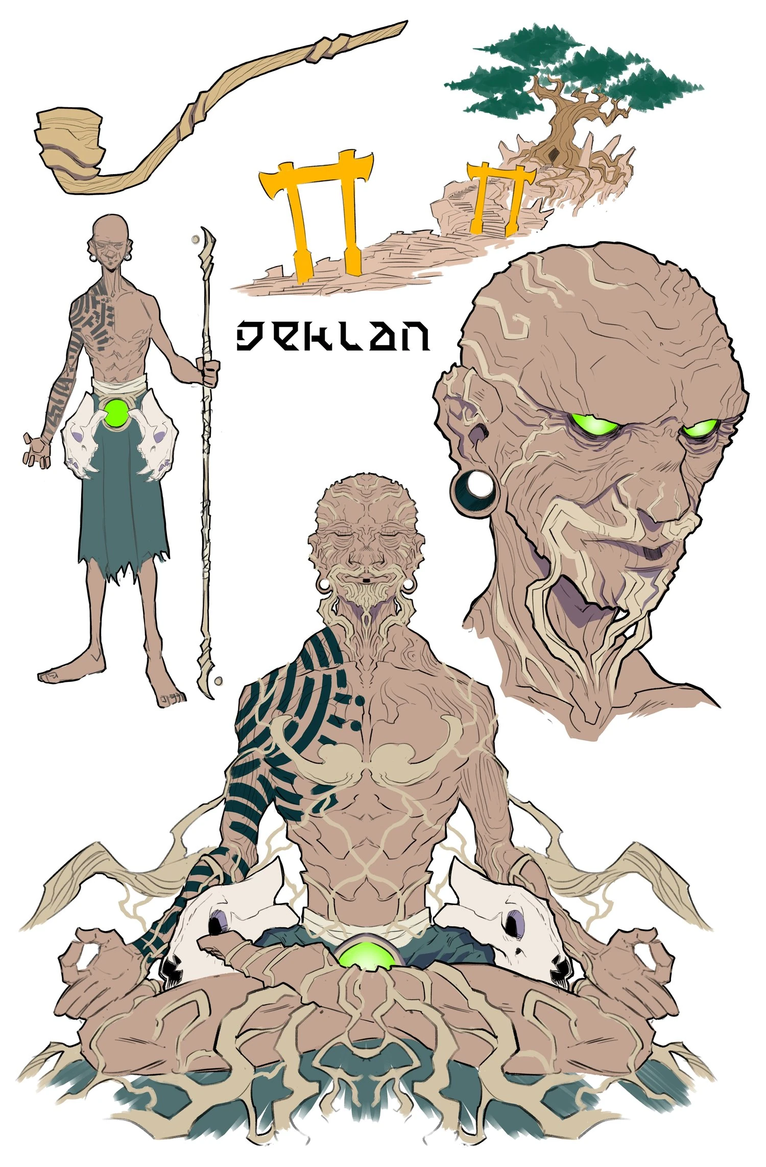 Deklan character exploration with full figure, portrait, tree and landscape details