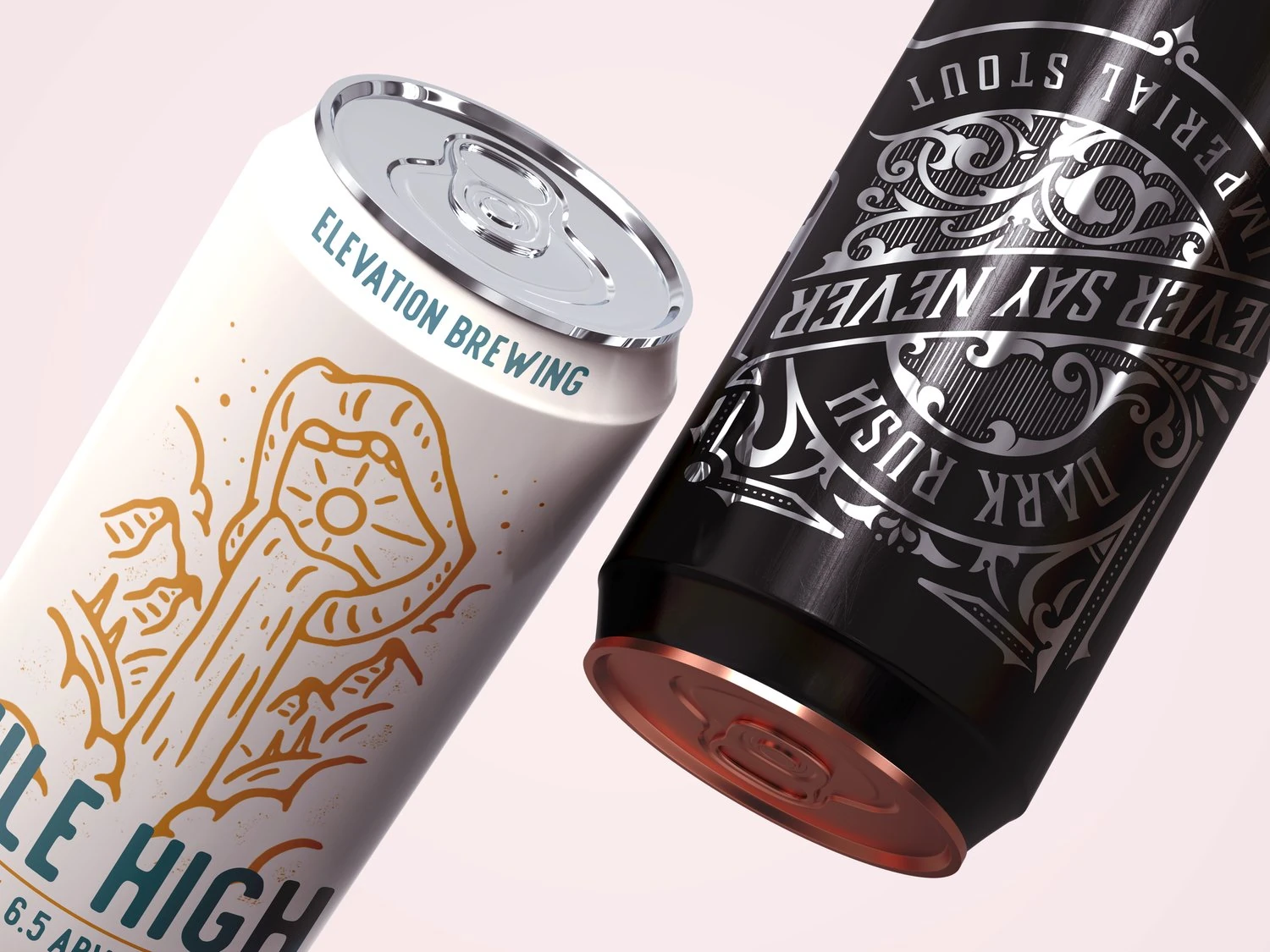 Two illustrated Elevation Brewing beer can mockups