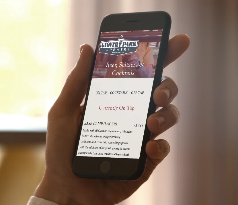 Glover Park Brewery mobile menu displayed on a phone