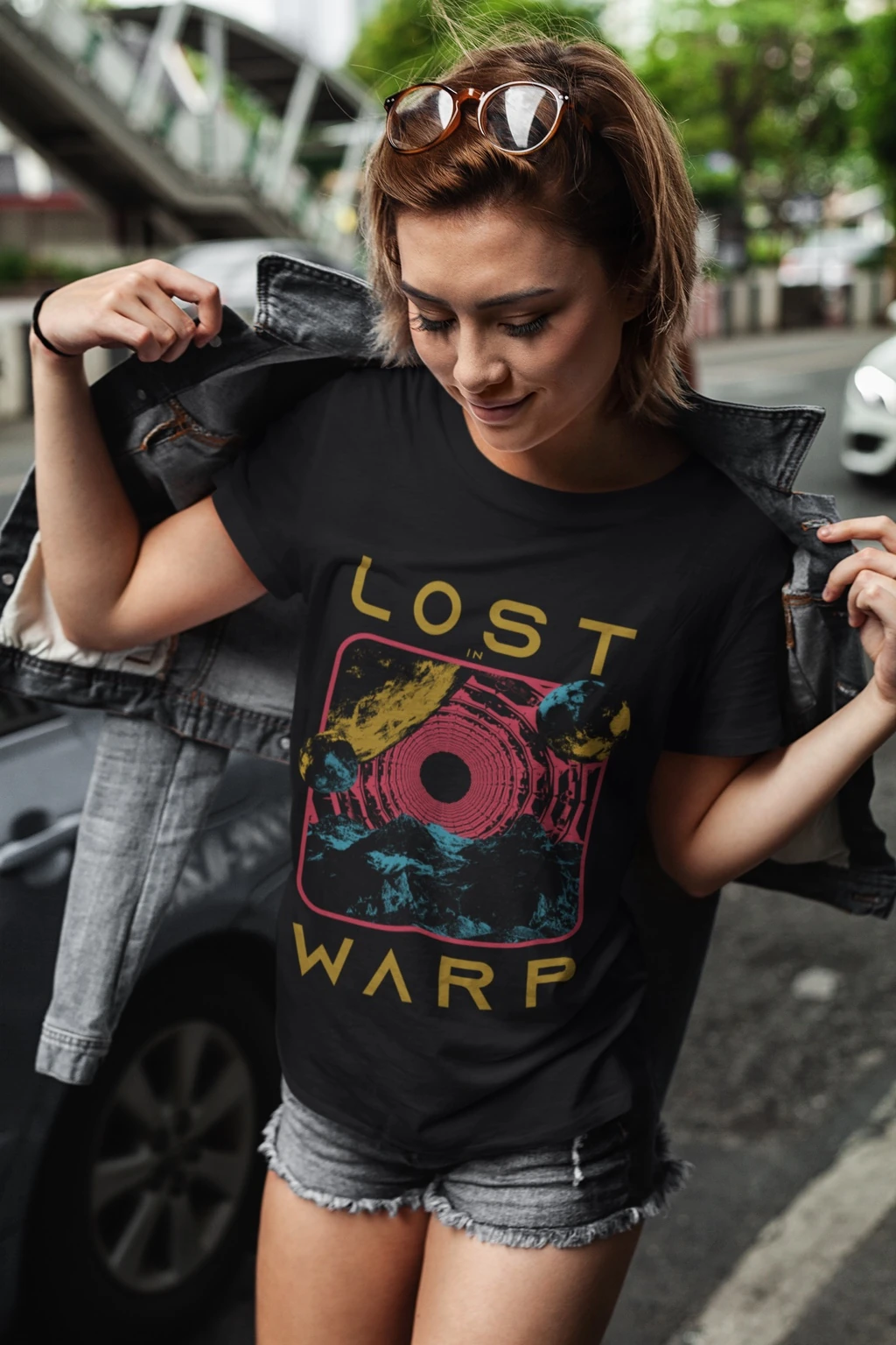 Lost in Warp cosmic graphic on a black shirt