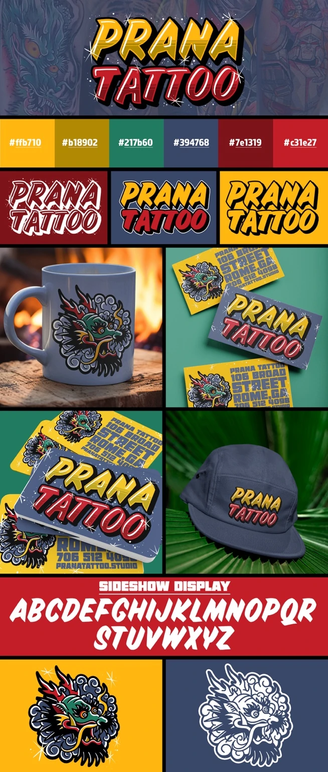 Prana Tattoo identity sheet with lettering, palette, dragon artwork and merchandise