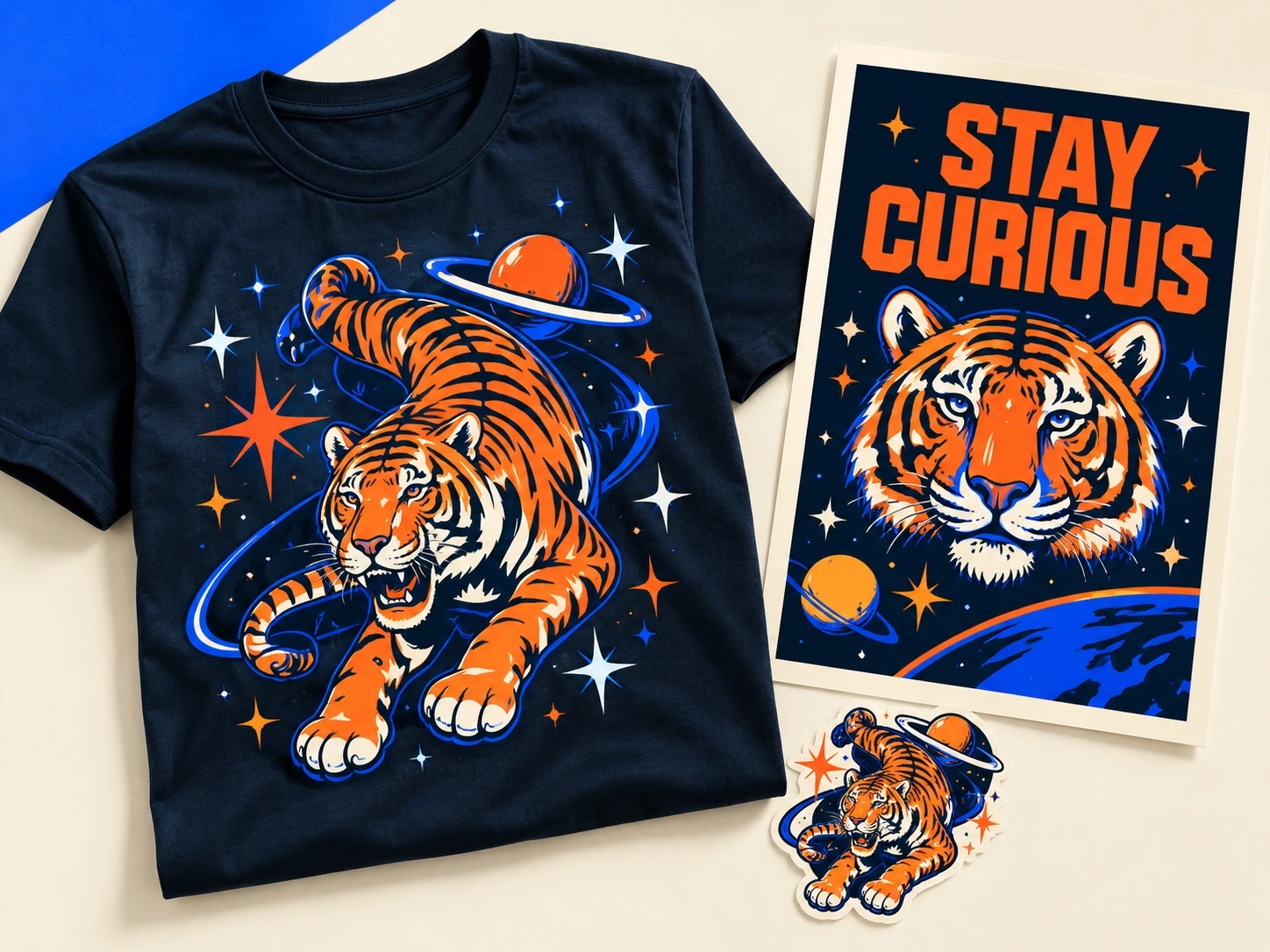 Cosmic tiger illustration concept on a navy shirt and art print