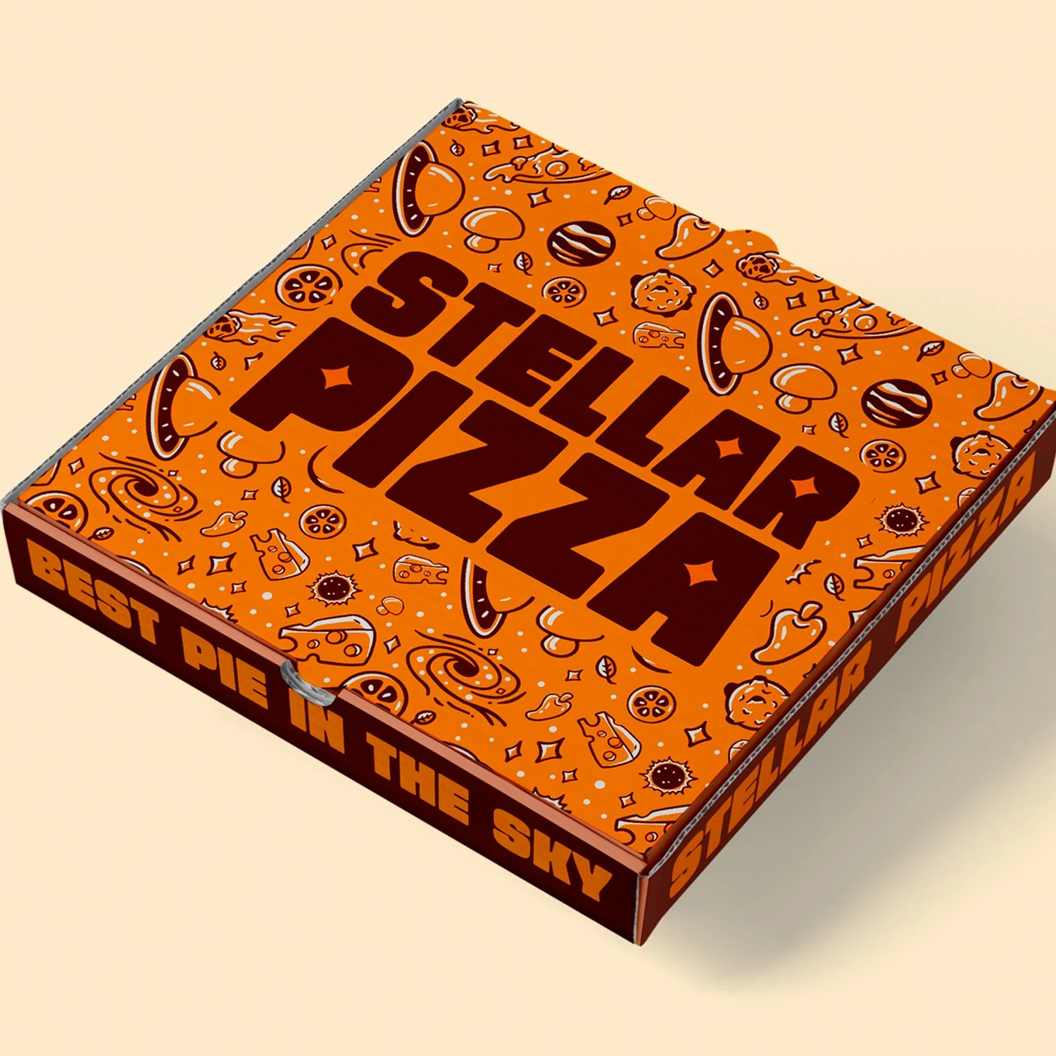 Orange Stellar Pizza box with illustrated pizza ingredients