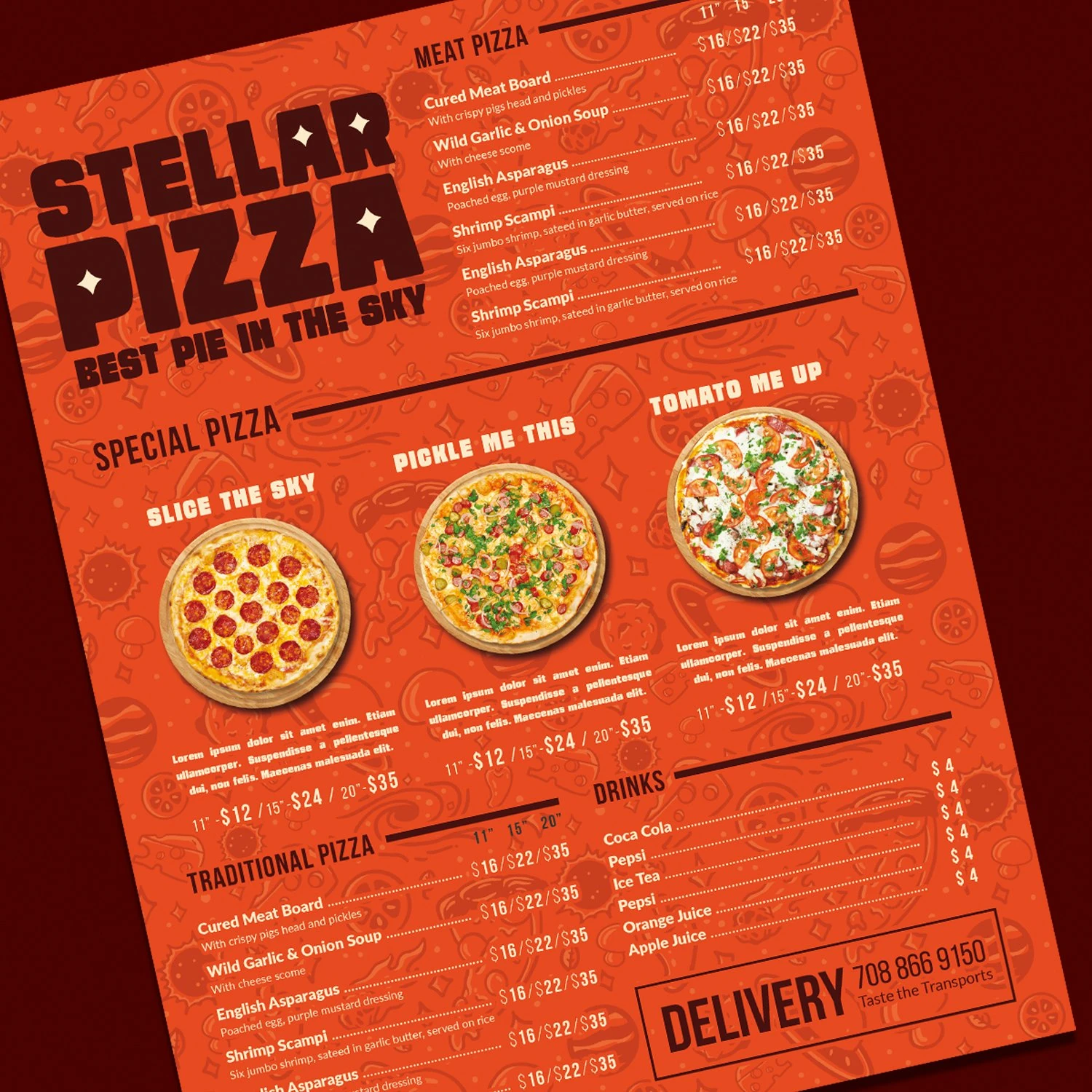 Stellar Pizza menu with orange typography and illustrated pizzas