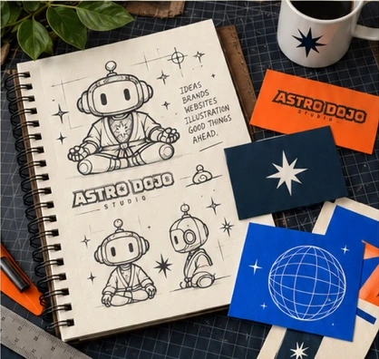 Graphic studio still life with Zenny sketches, Astro Dojo cards and creative tools