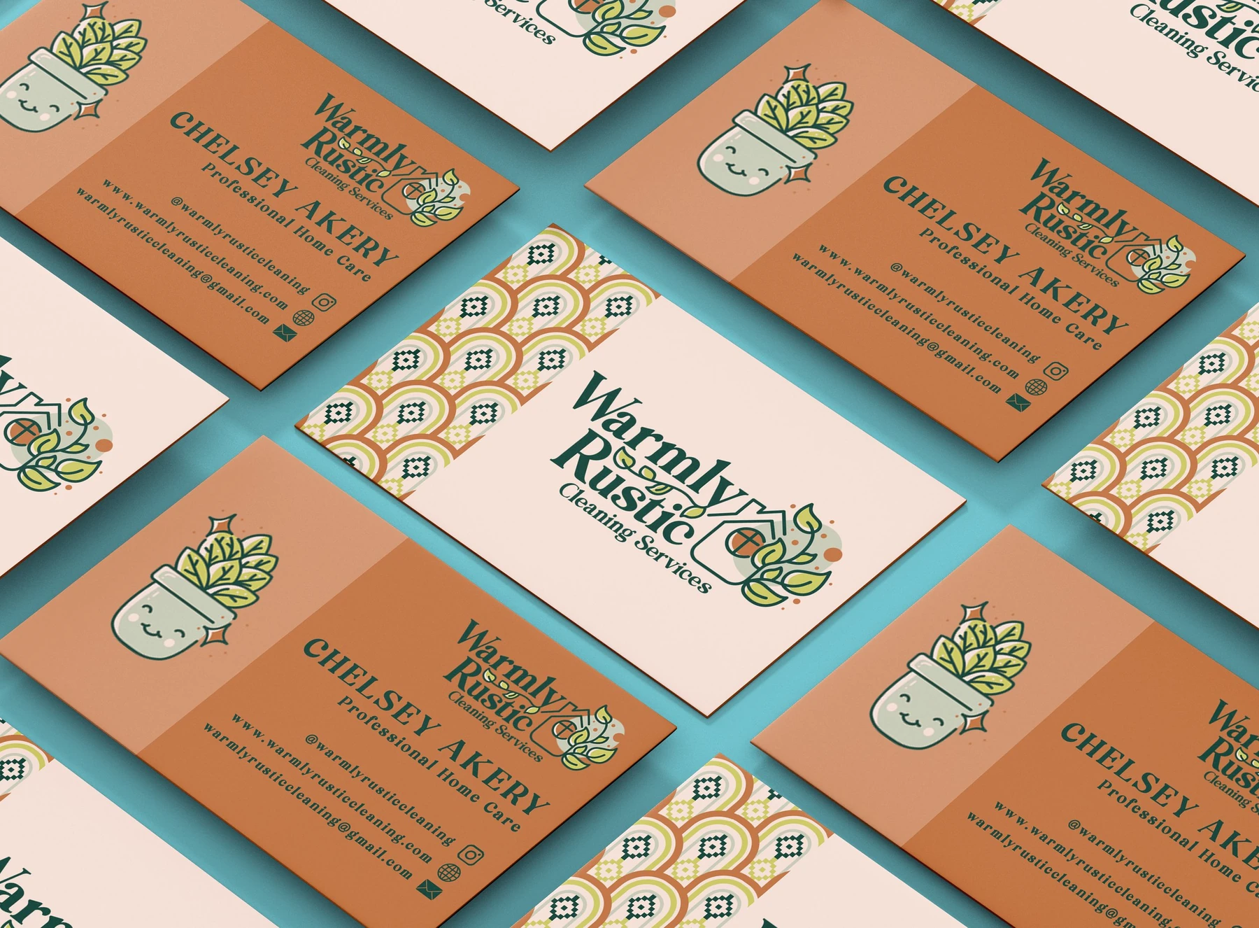 Warmly Rustic business cards in orange and cream with floral details