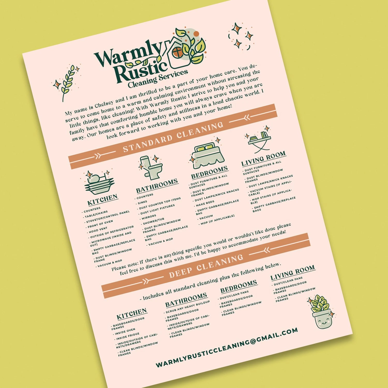 Warmly Rustic cleaning services flyer with illustrated service icons